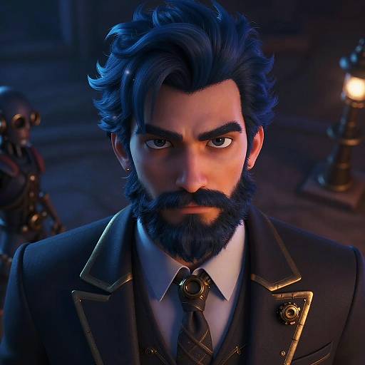 Digital CGI image of a brooding, dark-haired, bearded man with piercing eyes, wearing a dark military-style uniform with gold accents, in a