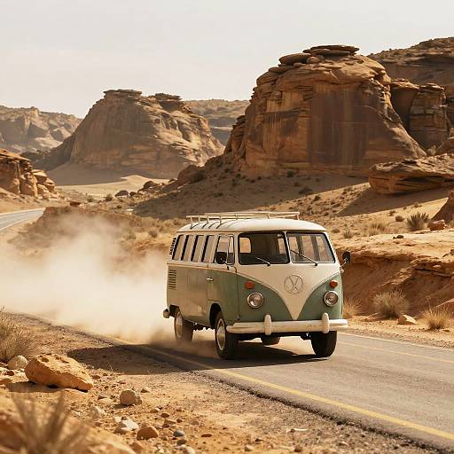 Vintage Minibus on Desert Highway