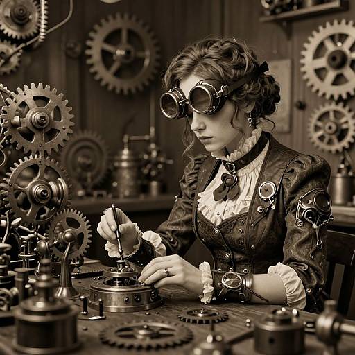 Steampunk-style photograph of a curly-haired woman in goggles, Victorian dress, working on intricate mechanical gears in a dimly lit workshop.