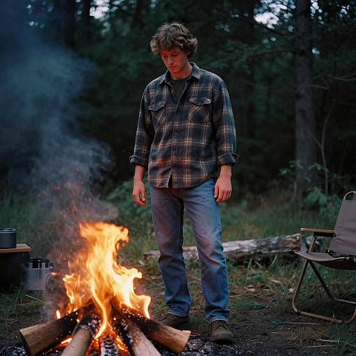 Photograph of a young man with curly brown hair, wearing a plaid shirt and blue jeans, standing by a campfire in a forest, looking