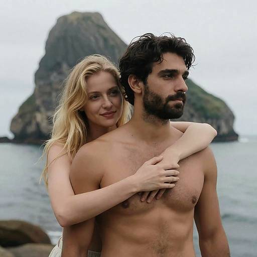 Couple Embracing by Rocky Island Shore