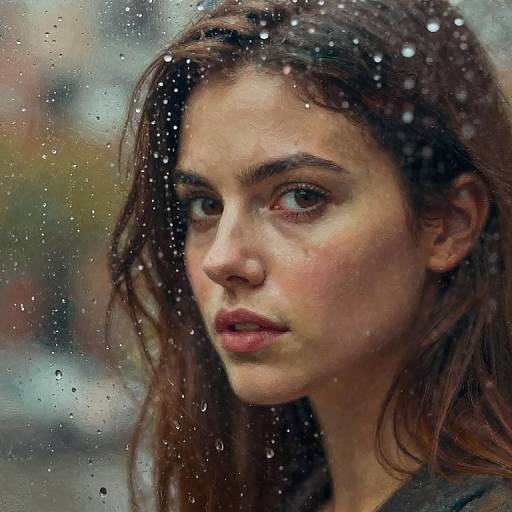 Photorealistic digital portrait of a young woman with wet, brown hair, large eyes, and serious expression, standing by a rain-speckled window