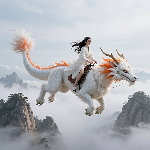 Digital art of an Asian woman with long black hair, wearing a white robe, riding a white dragon with orange accents, soaring above misty mountains.