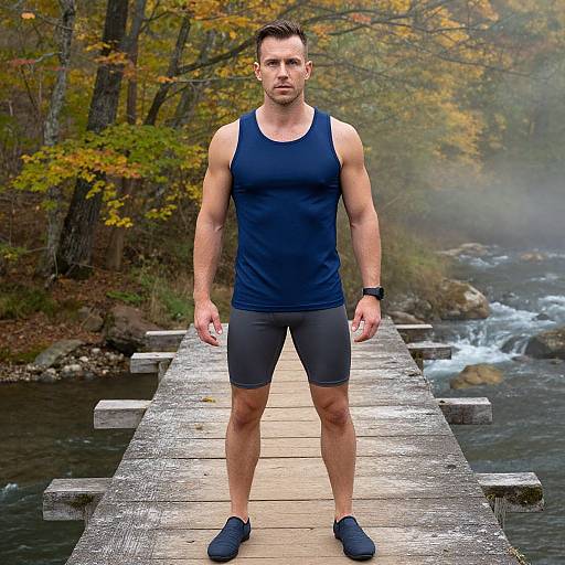 Photograph of a muscular, fair-skinned man with short brown hair, wearing a black tank top, black shorts, and blue sneakers, standing on