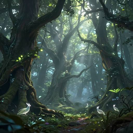 Mystical forest scene with ethereal white fireflies, lush greenery, towering twisted trees, and sunlight filtering through dense foliage. Digital art style