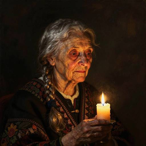 Elderly Woman Holding Candle in Warm Light