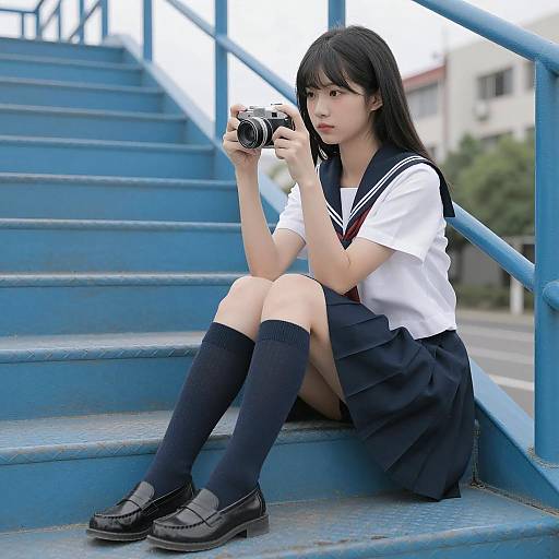 Asian Girl in Sailor Uniform on Steps