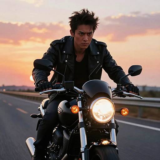 Man Riding Motorcycle on Deserted Highway at Sunset