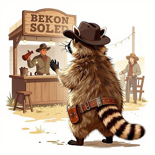 Colorful cartoon: Raccoon in cowboy hat and belt stands at 
