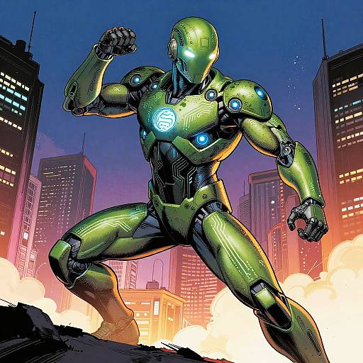 Digital comic-style artwork of a muscular, green and black armored superhero with glowing blue accents, standing triumphantly amidst an exploding cityscape with tall skyscrap