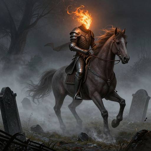 Digital fantasy artwork: armored knight with flaming helmet rides galloping dark brown horse through foggy, spooky graveyard with tombstones.