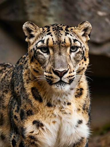 Close-up photograph of a focused snow leopard with striking yellow-orange fur, black rosette patterns, and piercing blue eyes, set against a blurred rocky