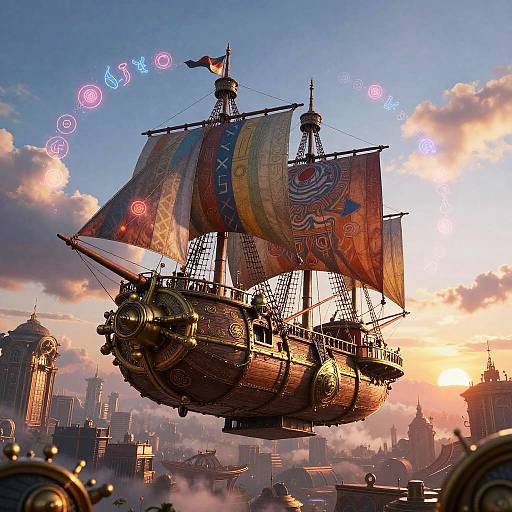Steampunk pirate ship with colorful, illuminated sails flying above a futuristic cityscape at sunset, featuring magical glowing rings in the sky.
