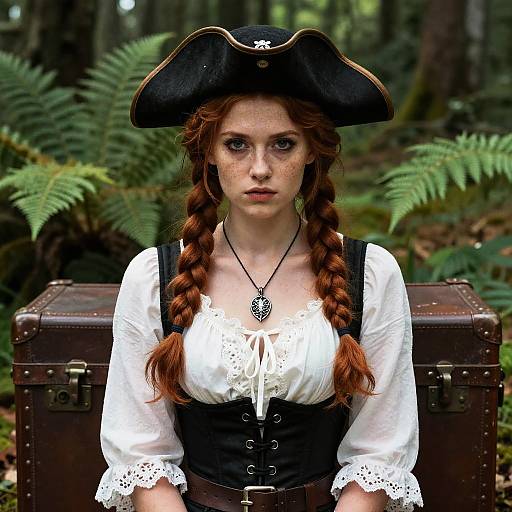 Photograph of a fair-skinned, red-haired woman with braids, wearing a black tricorn hat, white lace blouse, black corset,