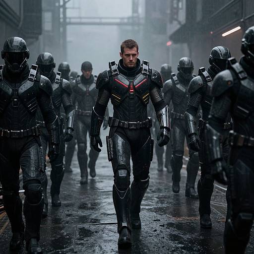 Photograph of a muscular man in dark, high-tech armor with a red emblem, leading a group of armored soldiers in a rain-soaked, fog