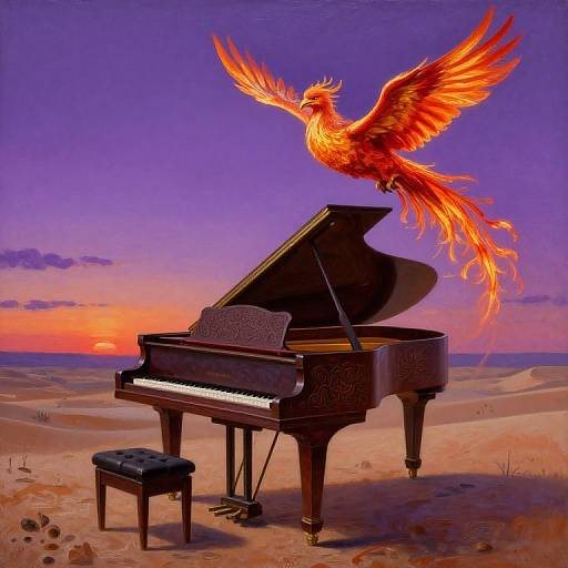 Digital painting of a fiery phoenix with outstretched wings hovering above a grand piano in a desert landscape at sunset.