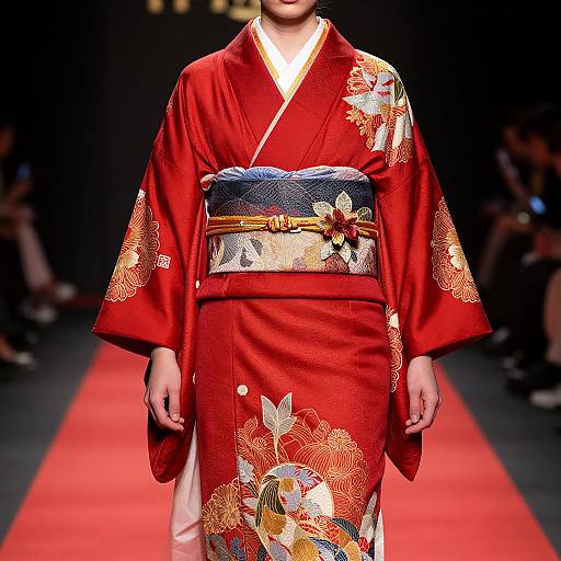 Photograph of a model wearing a vibrant red kimono with gold floral patterns, a blue and silver obi belt, walking down a red runway.
