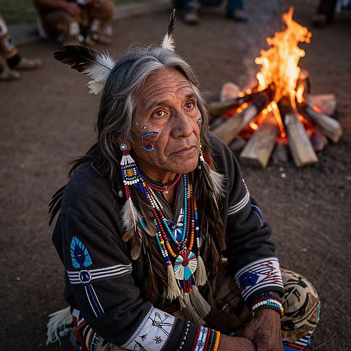 Photograph of an elderly indigenous man with long gray hair, feathered headband, tribal face paint, and colorful beadwork, sitting by a blazing
