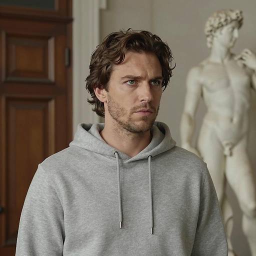 Intense Gaze: Man in Gray Sweatshirt