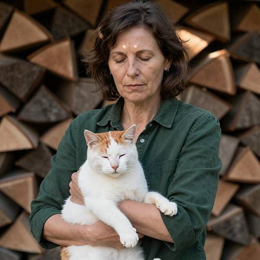 Middle-aged woman holding cat by firewood stack