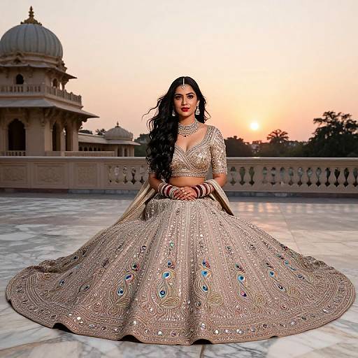 Photograph of a South Asian woman with long black hair, wearing a shimmering peacock-embroidered lehenga, standing on a marble terrace