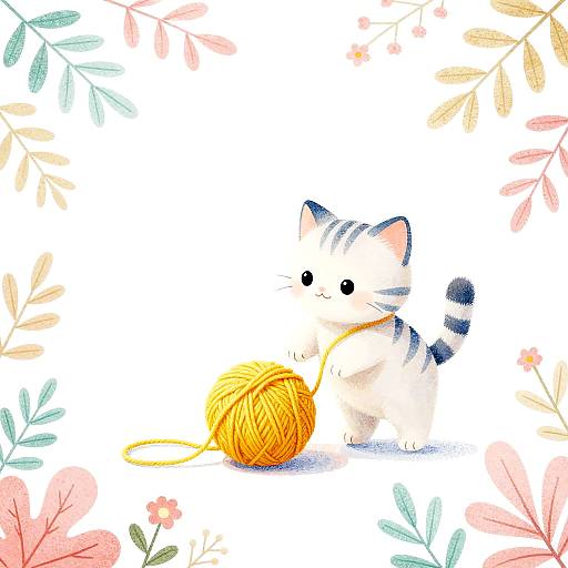 Adorable watercolor illustration of a cute, blue-striped kitten playing with a yellow ball, surrounded by pastel flowers and leaves.