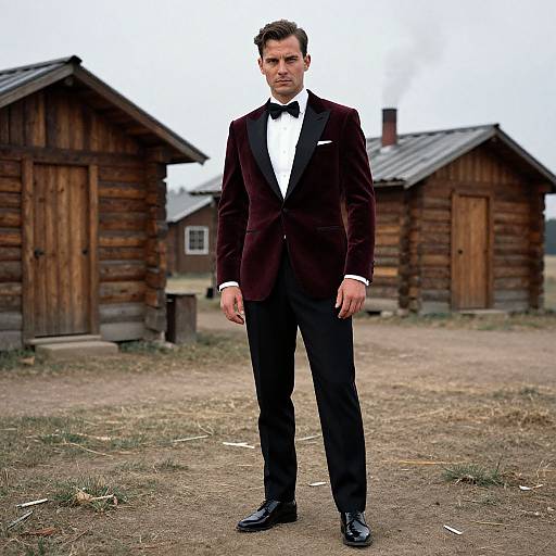 Photograph of a man in a dark purple tuxedo with black bow tie and pants, standing in front of rustic wooden cabins on a dirt ground