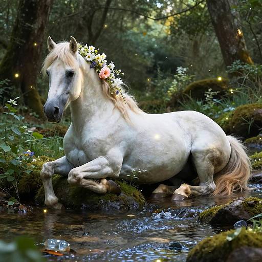 Photograph of a white, flower-crowned unicorn with a golden mane, crouching in a mossy forest stream, surrounded by twinkling fairy