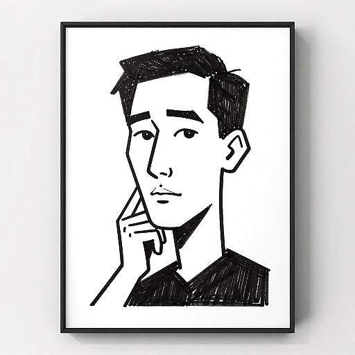 Black-and-white digital drawing of a contemplative man with short dark hair, one hand touching his chin, minimalist style, bold lines, rectangular frame.