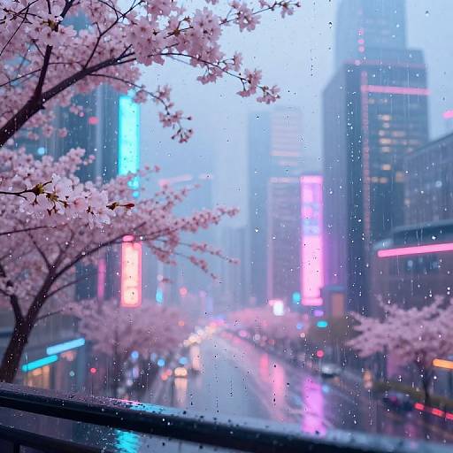 Photograph of a rainy urban scene with pink cherry blossoms in the foreground, vibrant neon lights in the misty background, and raindrops on a