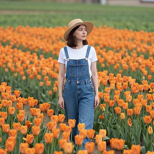 Photograph of an Asian woman in denim overalls and white shirt, wearing a straw hat, standing in a vibrant orange tulip field.