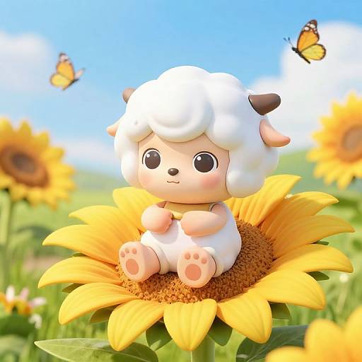 Cute digital illustration of a chibi sheep with white wool, sitting on a sunflower, surrounded by butterflies and yellow flowers. Bright blue sky background