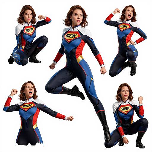 Photograph of six dynamic poses of a brunette woman in a blue, red, and yellow Superman-inspired superhero costume with 