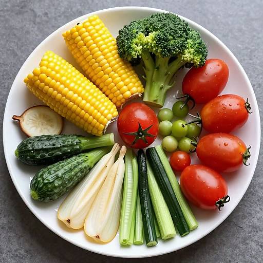 Photograph of a white plate with vibrant vegetables: yellow corn, broccoli, red tomatoes, green grapes, cucumber, celery, and lemon slices.