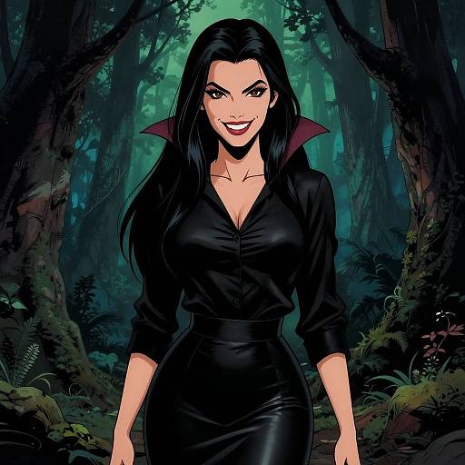 Digital comic art of a confident woman with long black hair, red lips, black blouse, and skirt, standing in a dark, mystical forest.