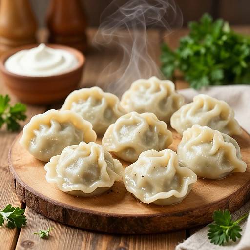Photograph of steaming dumplings on a wooden plate, surrounded by parsley, with a blurred wooden bowl in the background.