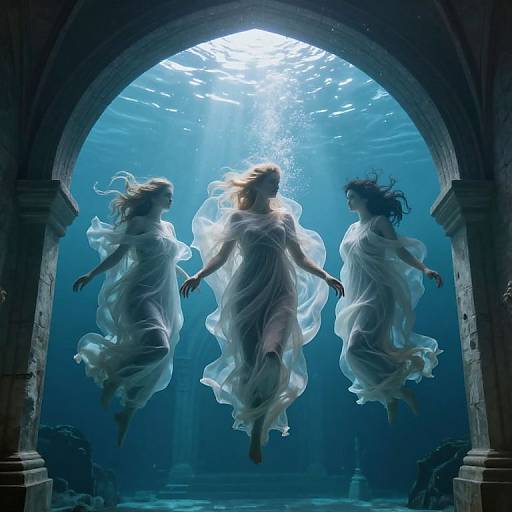 Photograph-like digital art of three ethereal, translucent women in flowing white dresses, suspended underwater beneath an arched, sunlit stone structure.