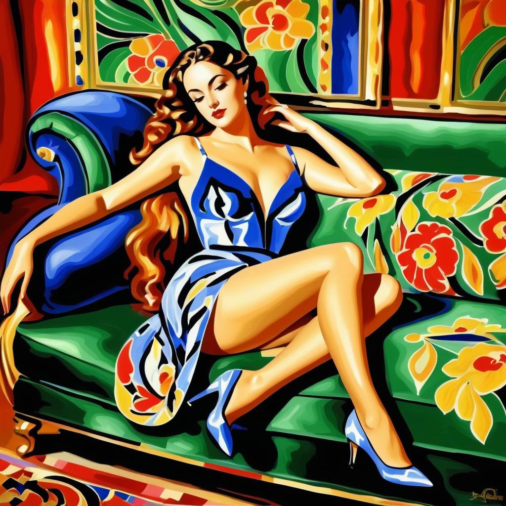 Seductive Woman Lounging in Expressionist Style