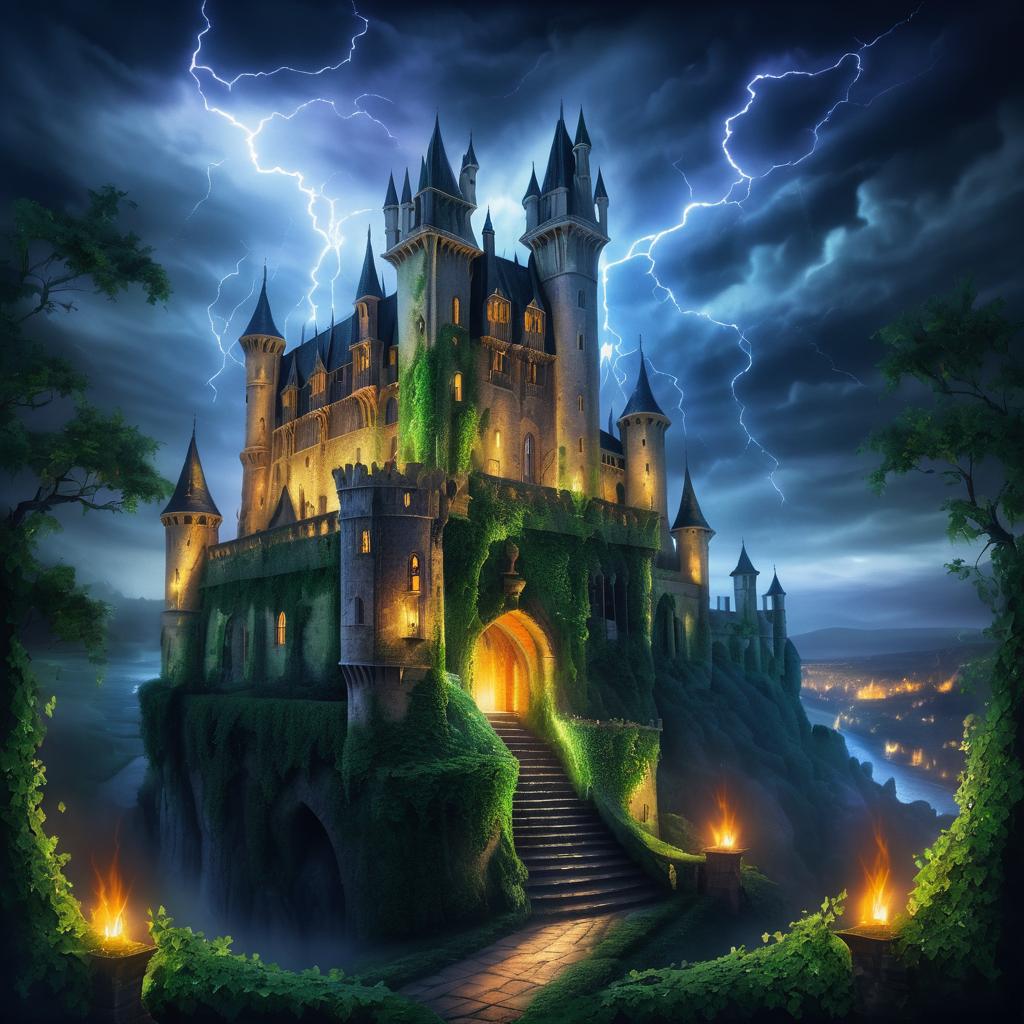 Gothic Fantasy Castle Under Stormy Skies