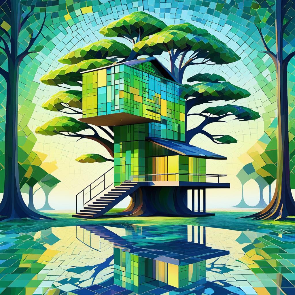 Whimsical Pixelated Treehouse Artwork