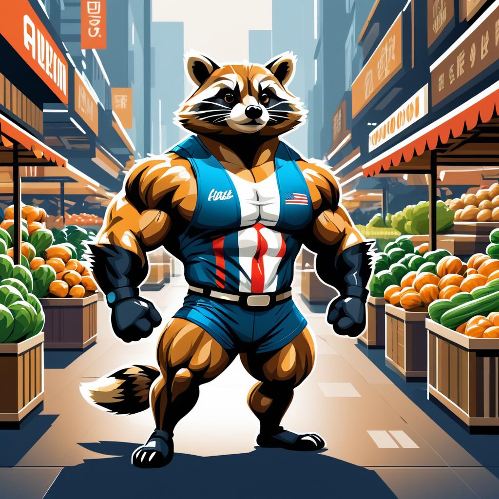 Buff Raccoon in a Bustling Market