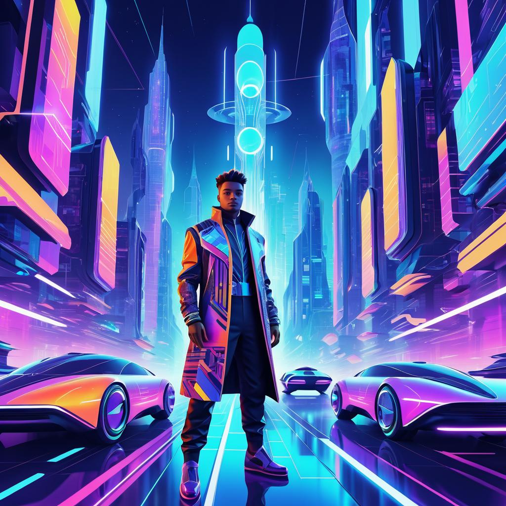 Futuristic Time Traveler in Vibrant Cityscape