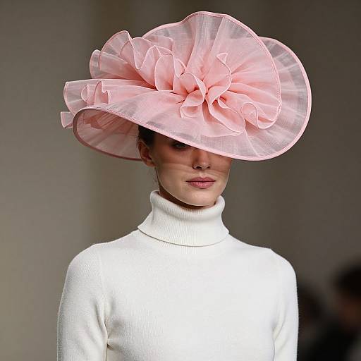 Photograph of a woman in a white turtleneck, wearing a large, pastel pink, ruffled fascinator hat, with a blurred gray