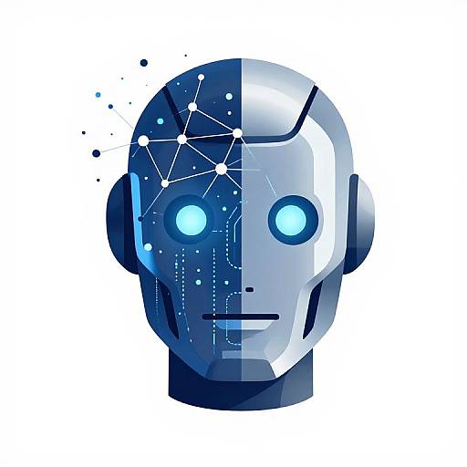 Digital illustration of a split robotic head: left side dark blue with stars and circuits, right side white with glowing blue eyes.