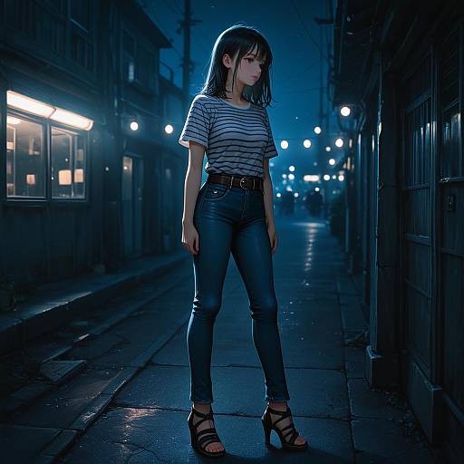 Young Woman Standing on Night Street