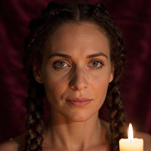 Photograph of a serious woman with braided brown hair, glowing green eyes, and fair skin, illuminated by a single candle.
