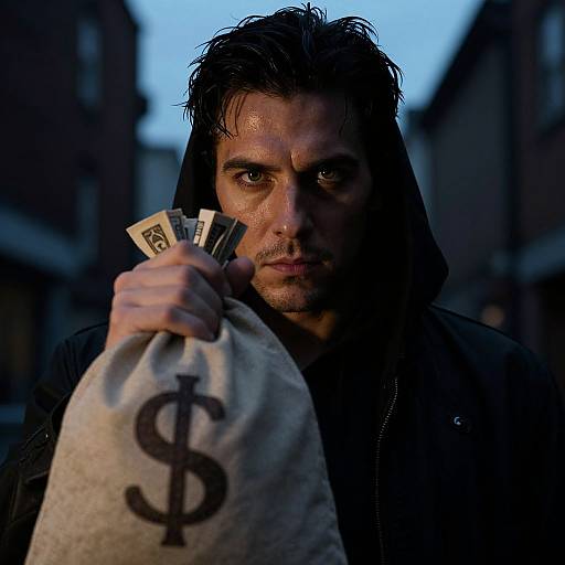 Photograph of a serious, dark-haired man with wet hair, holding a money sack with a dollar sign, and displaying several cards, in a dim