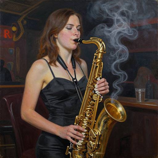 Photograph of a red-haired woman in a black satin dress playing a golden saxophone, with swirling blue-gray smoke, in a dimly lit bar