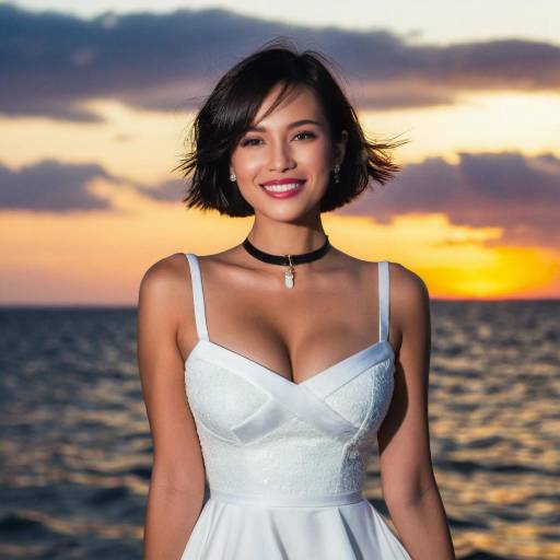 Smiling Woman in White Dress at Sunset by the Sea