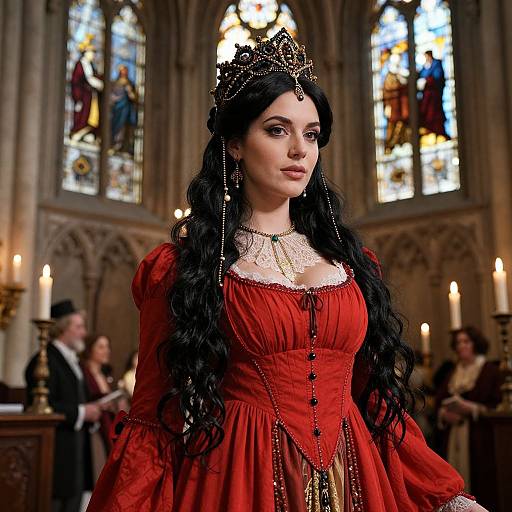 Photograph of a fair-skinned woman with long black hair, wearing a red Renaissance-style dress, tiara, and necklace, in a candlelit